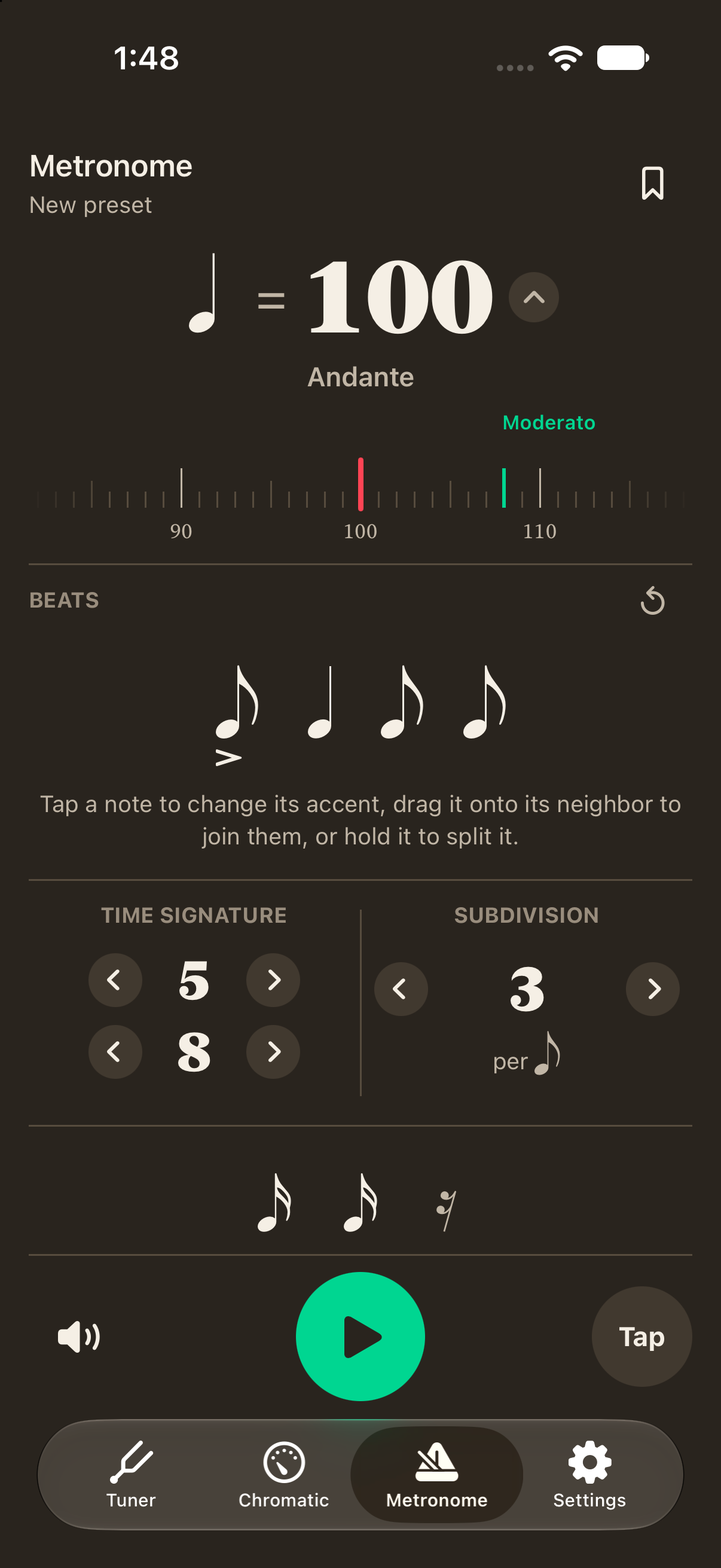 The redesigned iOS metronome with note grouping, tempo ruler, and subdivision controls