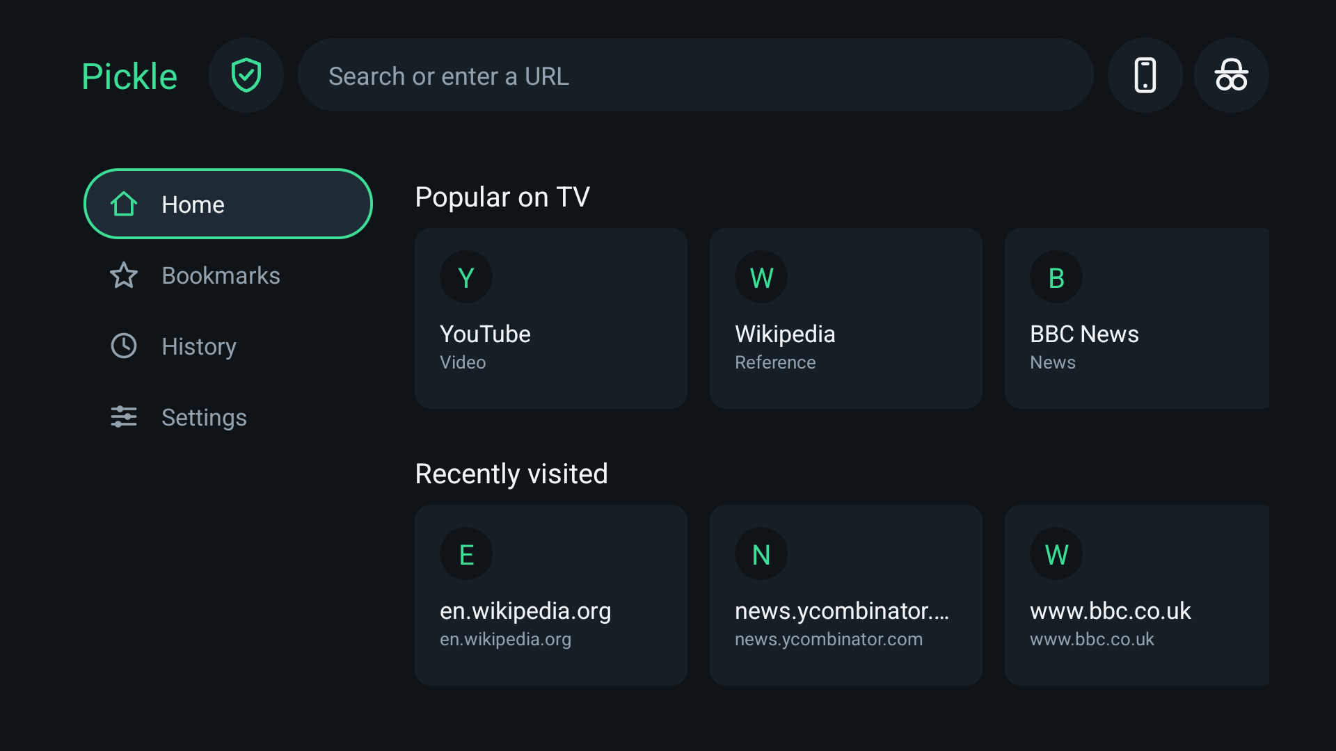Pickle TV Browser’s home screen with remote-friendly search and bookmarks