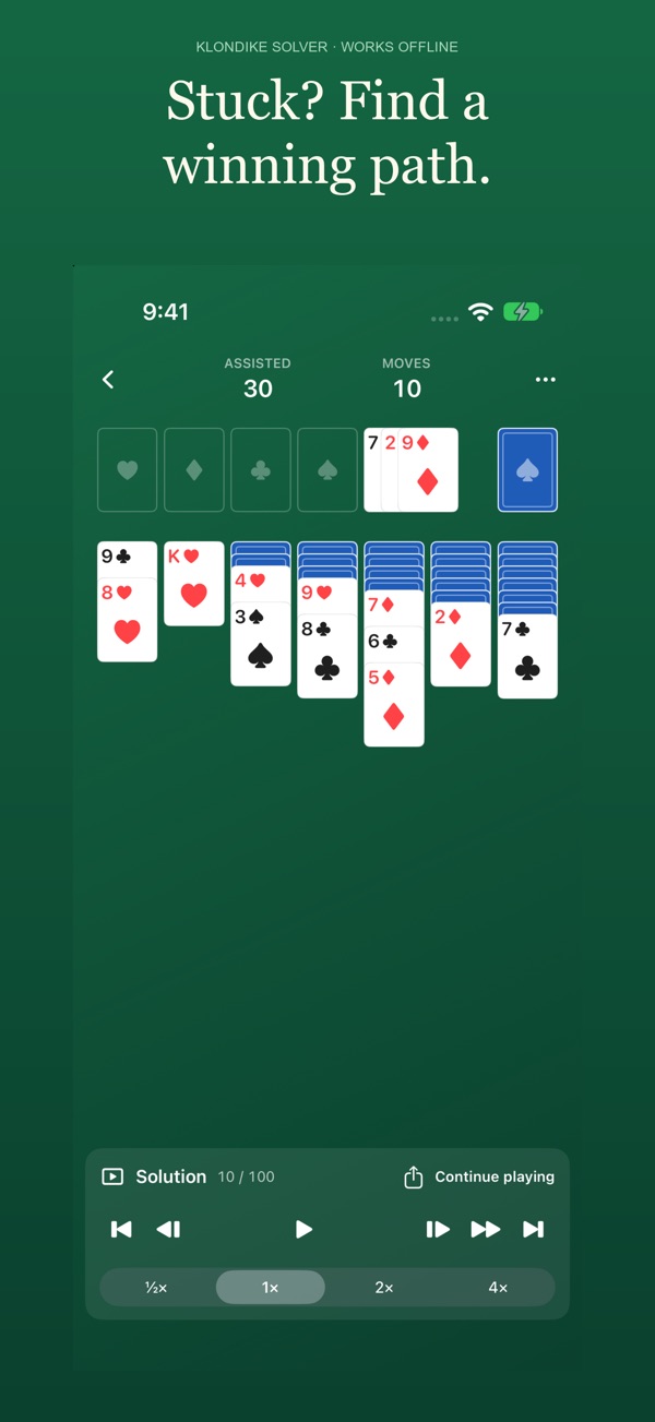 Solitaire Solver & Play showing a Klondike board and solution playback