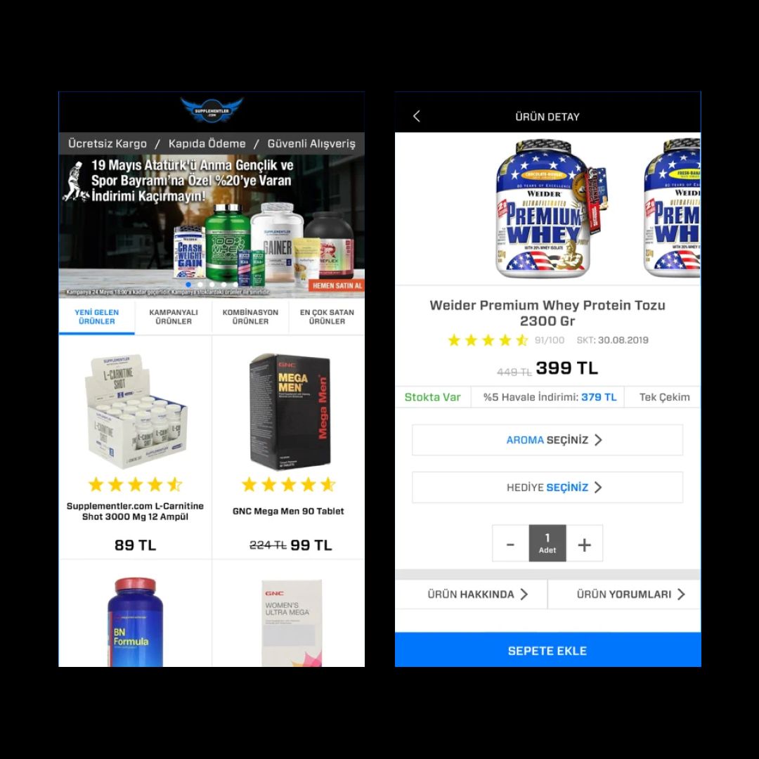 Supplementler mobile shopping and product detail screens